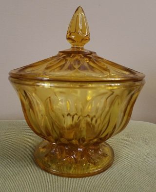 Indiana Depression Glass Footed Candy Dish With Lid Vintage Yellow Amber
