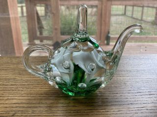 Joe St.  Clair Vintage Teapot Ring Holder White And Green Floral Trumpet Flowers