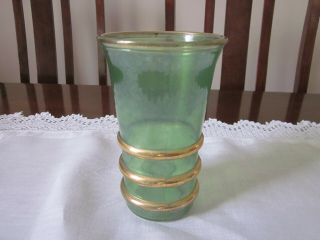 Retro Mid Century Green Glass Vase With Gold Bands