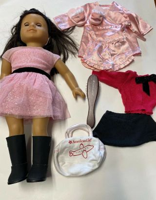 American Girl Brunette Doll In Pink Dress & Black Boots With Headband And