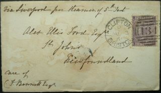 Gb 3 Aug 1869? Qv Postal Cover W/ 6d Rate From Bristol To Newfoundland,  Canada