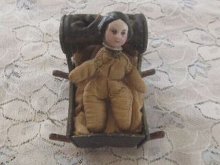 Rare Antique Miniature China Head Doll With Cast Iron Doll Cradle