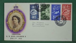 Gb Stamp Cover Fdc 1953 Coronation Huddersfield Cancel (v191)