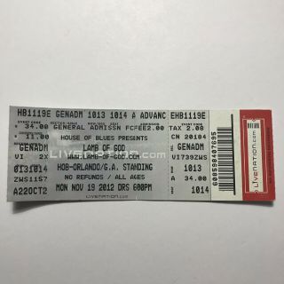 Lamb Of God House Of Blues Hob Orlando Florida Concert Ticket Stub Nov 2012