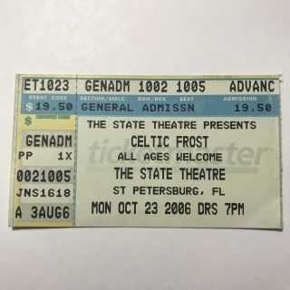 Celtic Frost State Theatre St Petersburg Florida Concert Ticket Stub Vtg 2006