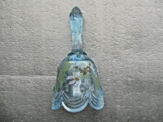 Fenton Glass Mini Blue Drapery Bell With Flowers Hand Painted 4 - 1/2 