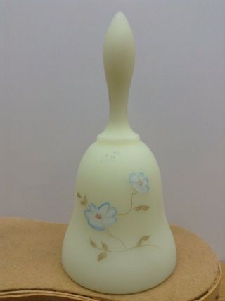 Vintage Fenton Glass Bell - Hand Painted Yellow Custard Satin Blue Flower
