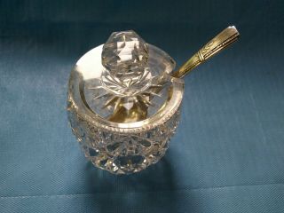 Elegant Vintage Cut Crystal Mustard/jelly Jar/condiment/ W/ Slotted Lid