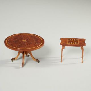 (2) Miniature Dollhouse Wood Inlaid Tables,  Signed