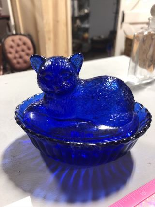 Vintage Cobalt Blue Carnival Glass Cat Candy Covered Dish Trinket Dish