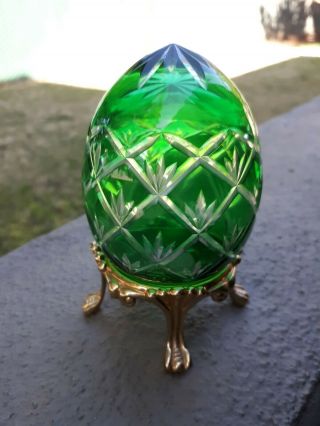 Vintage Czec Emerald Green Cut To Clear Blown Art Glass Egg With Stand