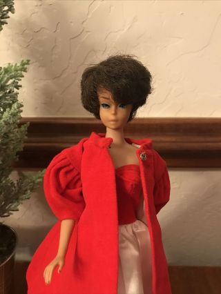 Vintage Elegant Raven - Brunette W/light Lips Bubble Cut Barbie Doll In Red Flare