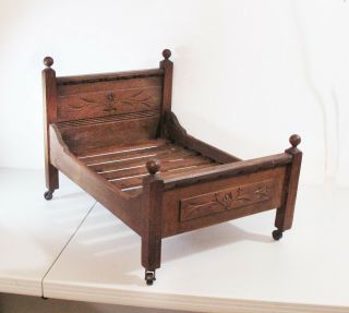 Large Antique Walnut Doll Bed - Carved Headboard & Footboard