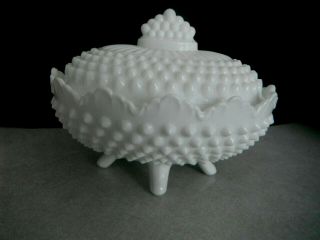 Vintage White Milk Glass Hobnail Fenton Covered Footed Oval Candy Dish Bowl
