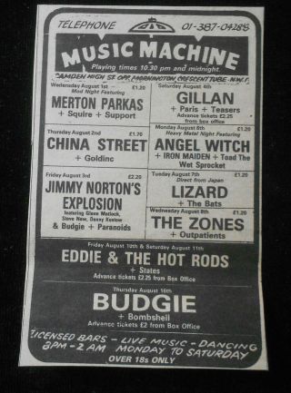 Iron Maiden Angel Witch Gillan Budgie Orig.  Gig Advert Music Machine 1979