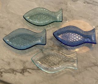 4 Vintage Clear Cobalt Blue Glass Side Fish Bone Dish Ash Teabag Candy Plates