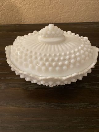 Vintage Fenton Hobnail White Milk Glass Footed Compote With Lid