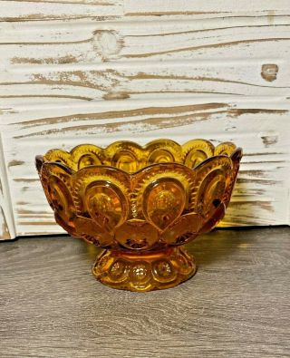 Vintage Le Smith Moon And Stars Amber Glass Footed Candy Dish Bowl Round