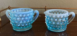 Vintage Depression Ice Blue And Opalescent Hobnail Cream And Sugar