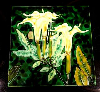 Art Glass Tile Floral Green And Cream Hanging Wall Decor