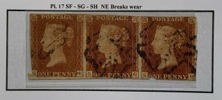 Gb 1841 Qv Strip Of 3 1d Red Imperf Stamps Plate 17 Mx Maltese Cross Cancel