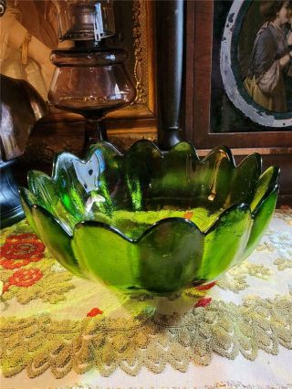 Vintage Blenko Art Glass Serving Bowl Avocado Green 14 Lotus Petal Pattern 10 "