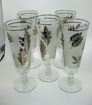 Vintage Set Of 5 Libby Pilsner Glasses Silver Leaf 8 1/4 "