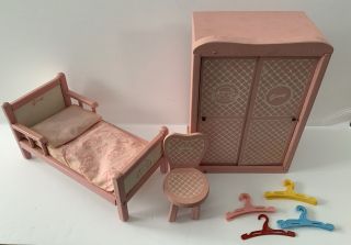 Vintage Vogue Ginny Doll Pink Bed,  Linens,  Wardrobe,  Boudoir Chair & Hangers