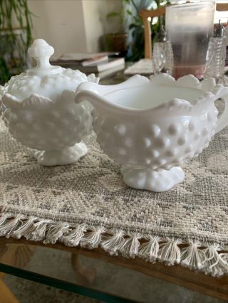 Vintage Fenton Milk Glass Hobnail Footed Sugar And Creamer Set With Lids