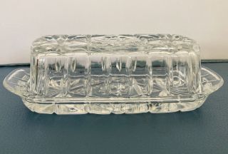 Vintage Anchor Hocking Clear Cut Glass Covered Butter Dish Starburst Pattern