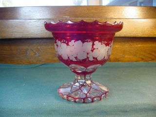 Vintage Czech Bohemian Ruby Red Etched Cut To Clear Vase Estate Find