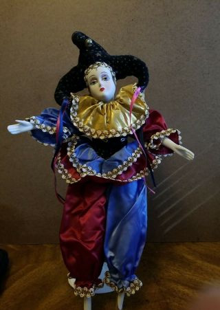 Vintage 19” Harlequin Mardi Gras Jester Clown Porcelain Doll Gold