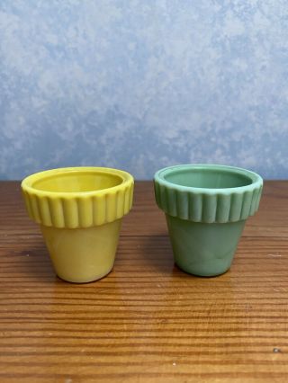 2 - Vintage Akro Agate Slag Glass Mini Flower Pots W/ribbed Edge 1 3/4 " Tall