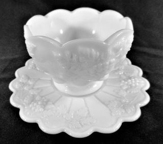 Westmoreland White Milk Glass Paneled Grape Leaf Pattern Mayonnaise Bowl /saucer