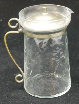 Old Cut Glass Creamer,  Syrup Pitcher W Metal Lid,  Floral Decoration