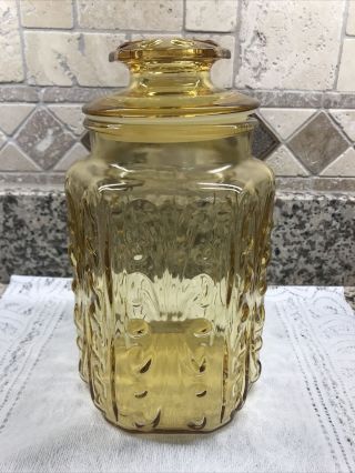 Imperial L.  E.  Smith Atterbury Scroll Amber Glass Apothecary Canister Jar W/ Lid