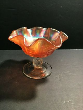 Marigold Orange Iridescent Clear Stemmed Ridged Bowl Carnival Glass