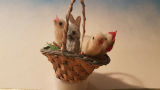 Tiny Antique German Braided Easter Basket W.  Batting Cotton Peeps
