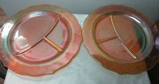Set Of 2 Vintage Iridescent Marigold Carnival Glass Divided Plates