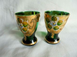 Set Of 2 Vintage Gold Decorated Murano Emerald Glass Shot Glasses