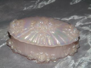 Fenton Glass Pink Iridescent Cabbage Roses Oval Trinket Dish Box Carnival