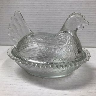 Vintage Hen On Nest Clear Glass Chicken Candy Dish Beaded Edge 7 Inch Ships Fast