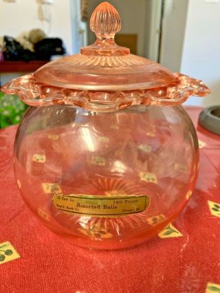 Pretty Pink Glass Candy Jar With Glass Lid / Paul F.  Beich Co Sticker