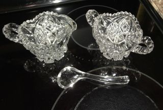 Gorgeous Glass Sugar And Creamer Set With Glass Spoon.  Marked Nucut