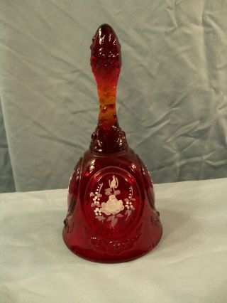 Fenton Ruby Red Glass Hand Painted Bell - White Roses
