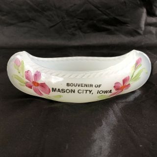 1890s Souvenir Canoe Mason City,  Iowa White Milk Glass With Hand Painted Flowers