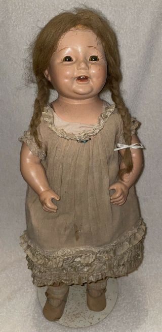 1927 Century 25” Standing Chuckles Composition Doll Cloth Body Wig Tin Eyes