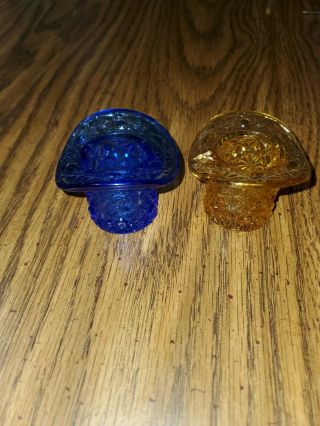 2 Fenton " Daisy & Button " Toothpick Holders/top Hats 1 5/8 " T/2 1/4 " W Amber/ Blue