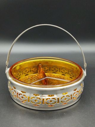 Amber Depression Glass Divided Relish Dish In Handled Basket