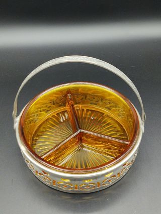 Amber Depression Glass Divided Relish Dish in Handled Basket 2
